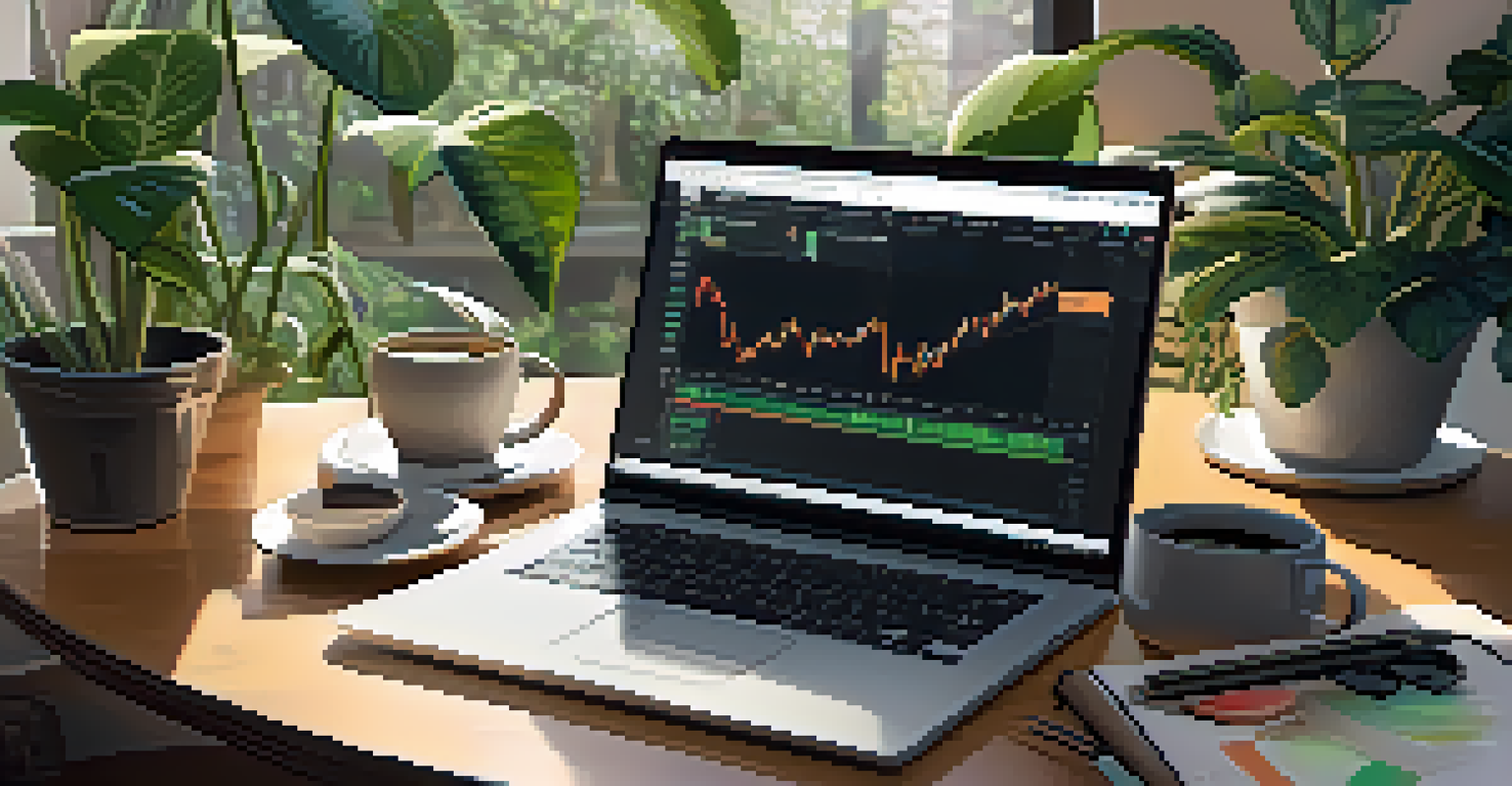 A peaceful workspace featuring a laptop with cryptocurrency trading software, surrounded by plants and a cup of coffee.