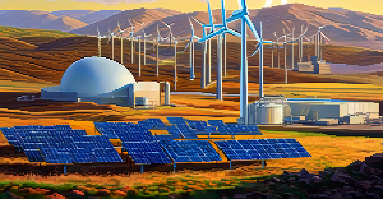 An image showing solar panels and wind turbines powering a cryptocurrency mining facility, representing sustainable mining practices.