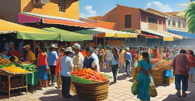 A lively marketplace in Latin America with colorful stalls selling produce and textiles, and advertisements for digital currency.