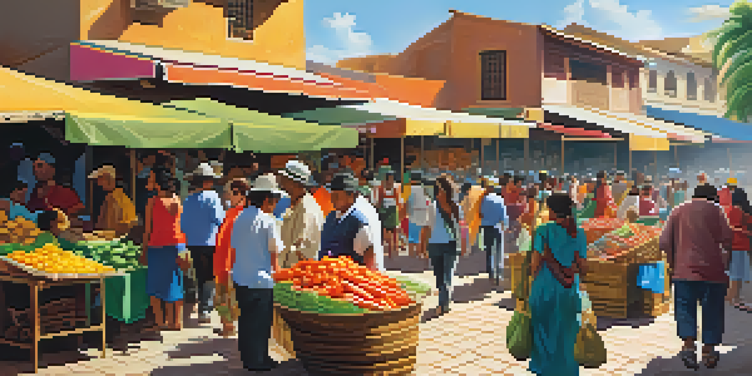 A lively marketplace in Latin America with colorful stalls selling produce and textiles, and advertisements for digital currency.