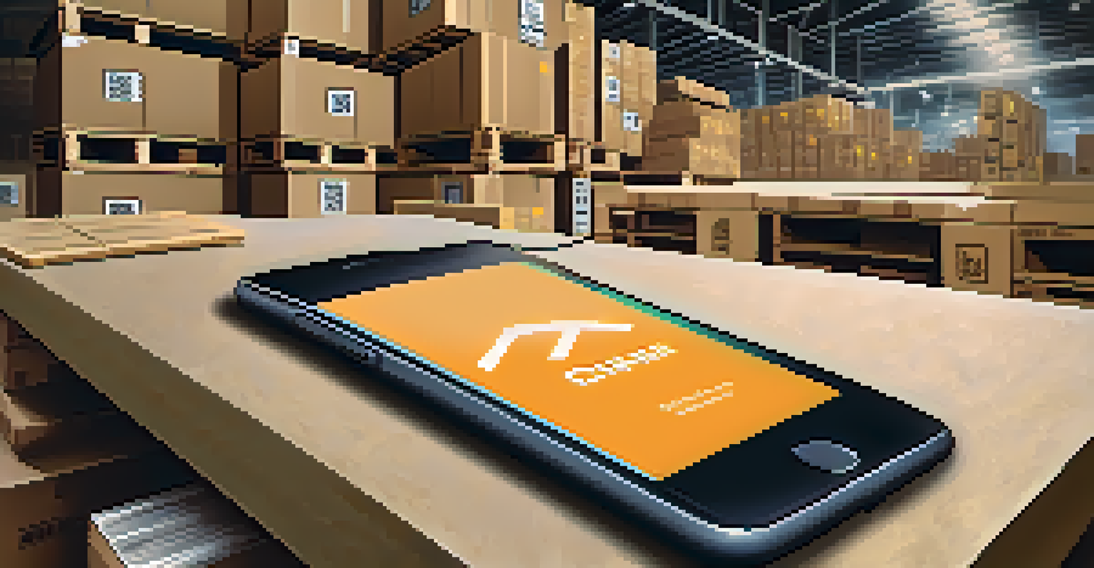 A close-up of a smartphone showing a cryptocurrency wallet app, set against a busy warehouse filled with pallets and workers scanning items.