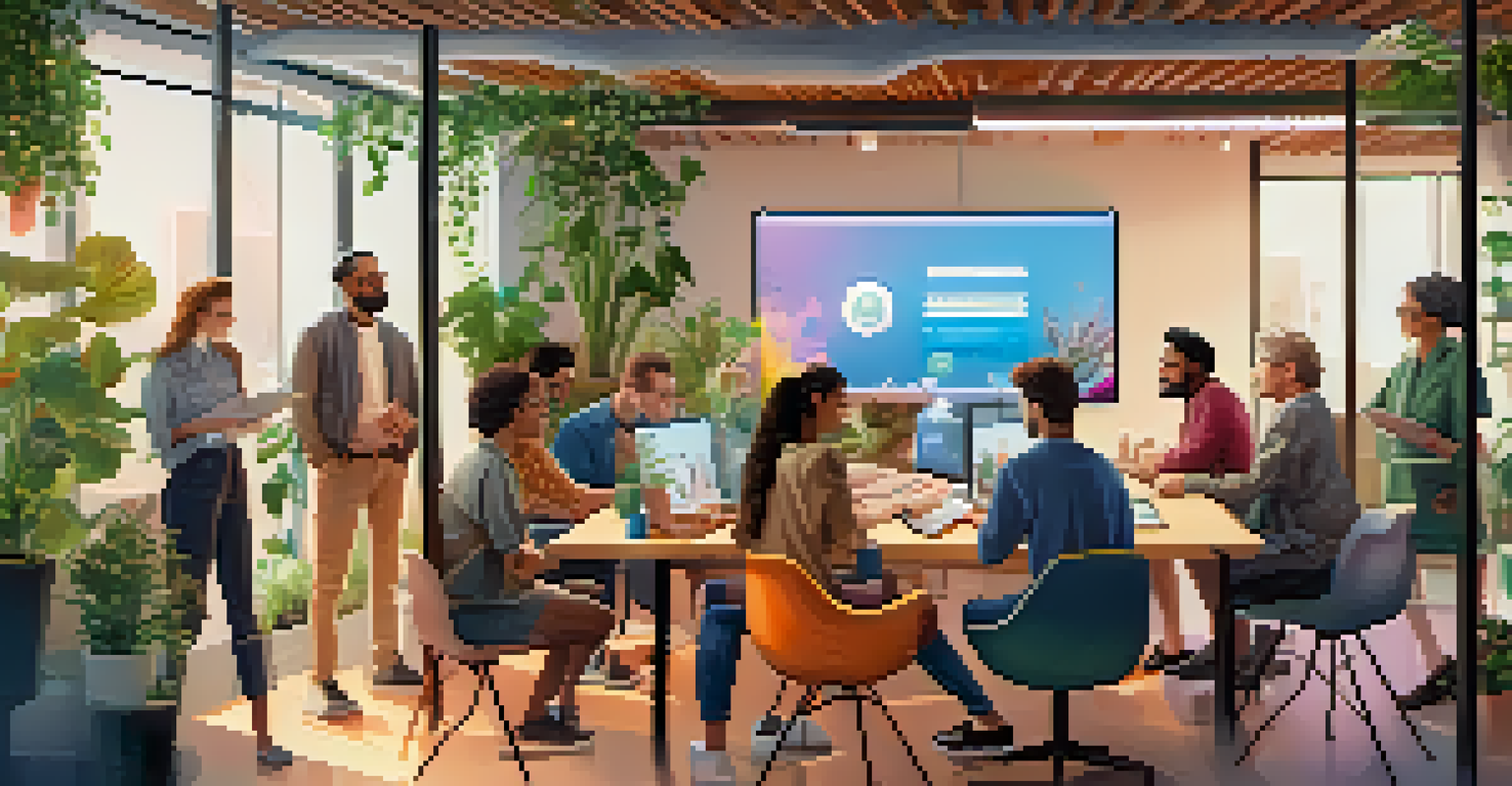 A digital screen displaying a decentralized finance platform, with diverse individuals in a modern co-working space discussing ideas.