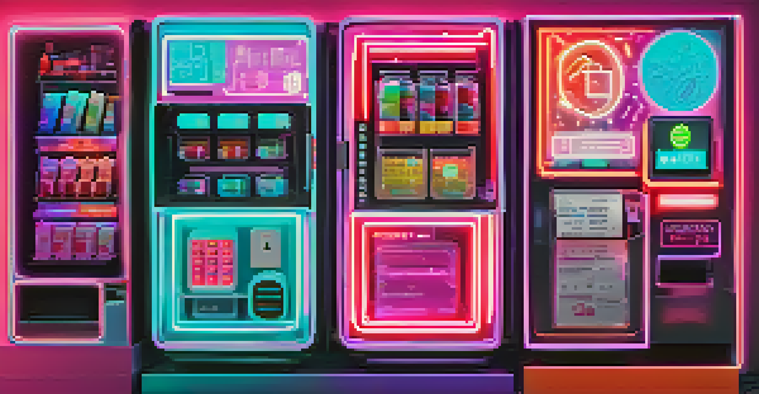 An abstract illustration of a futuristic vending machine representing smart contracts in healthcare, with glowing colors and medical symbols.