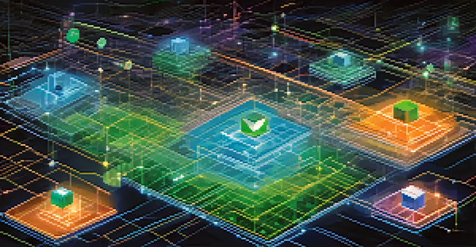 A digital illustration showcasing a decentralized governance system in blockchain, with interconnected nodes and vibrant colors representing community engagement.