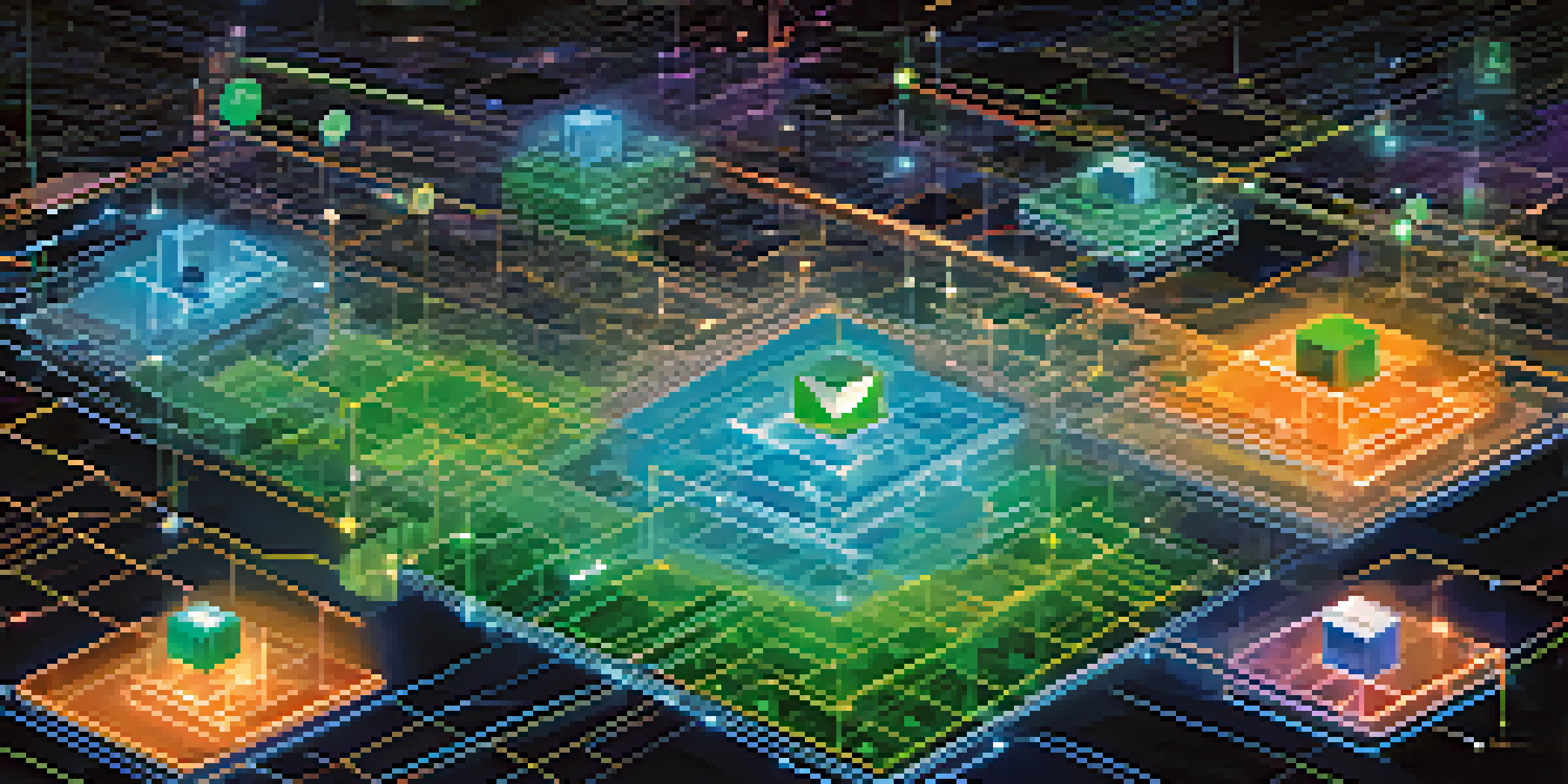 A digital illustration showcasing a decentralized governance system in blockchain, with interconnected nodes and vibrant colors representing community engagement.