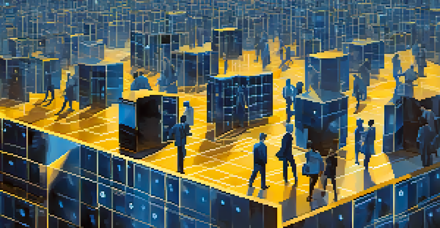 A digital representation of blockchain technology with blocks interconnected, alongside silhouettes of voters, emphasizing transparency in elections.