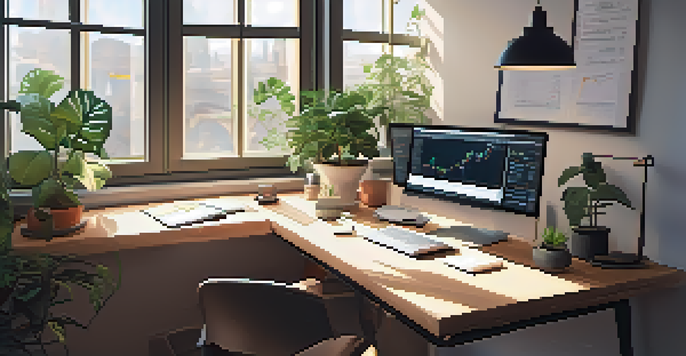 A modern workspace with a computer showing cryptocurrency charts, plants, and a notebook, illuminated by sunlight.