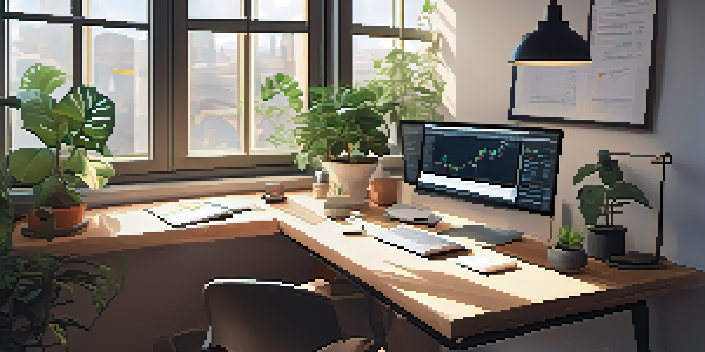 A modern workspace with a computer showing cryptocurrency charts, plants, and a notebook, illuminated by sunlight.