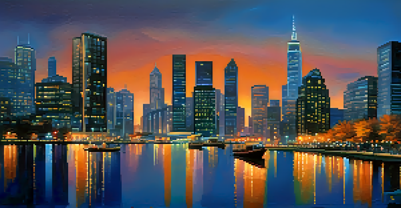A city skyline at dusk with illuminated skyscrapers and a river reflecting colorful lights, showcasing the vibrancy of urban life.