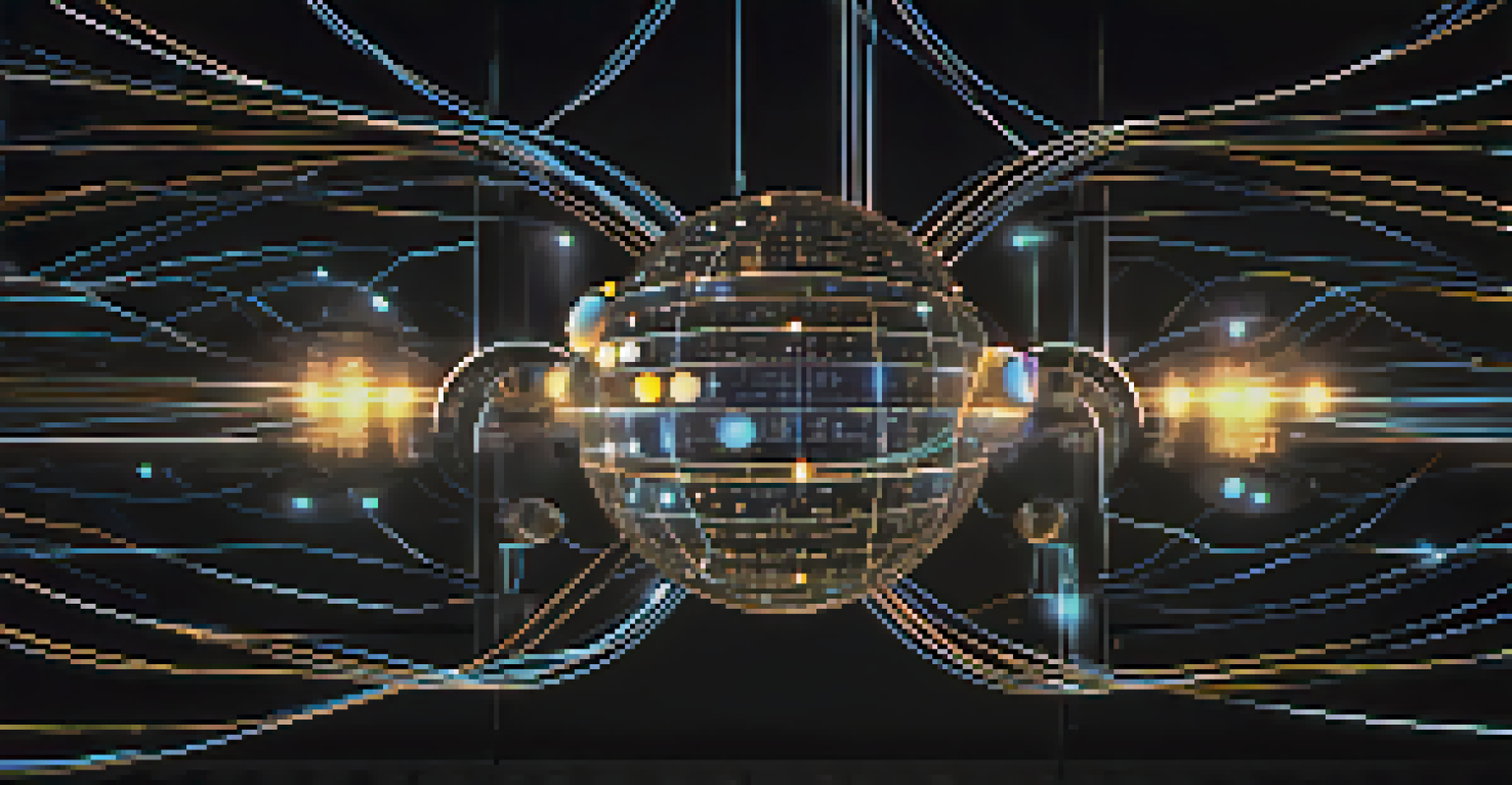 A close-up view of interconnected nodes representing decentralized oracles, with glowing orbs and lines of data flow against a dark background.