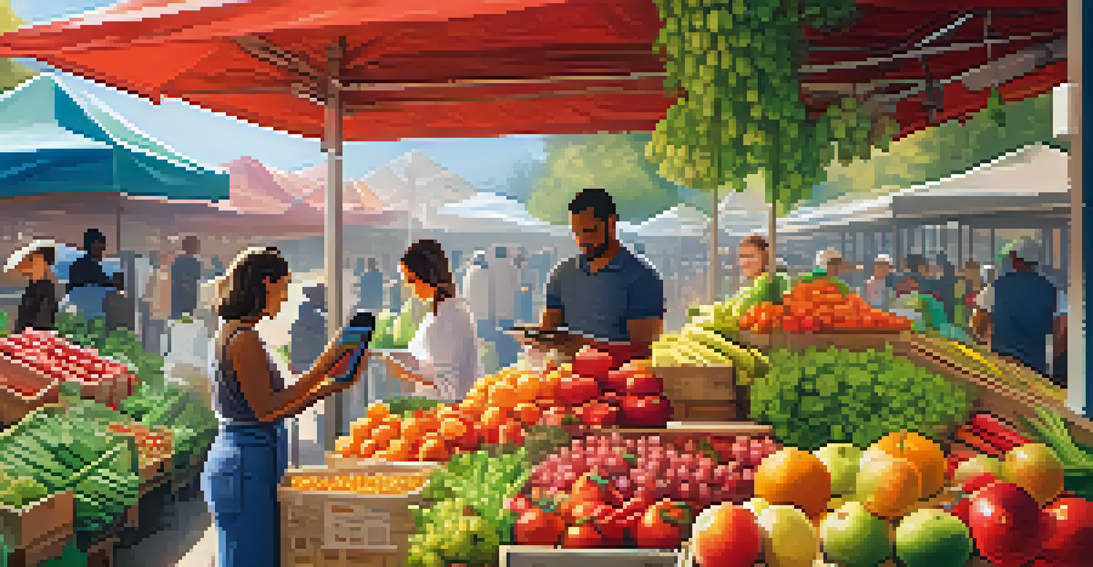 A market vendor checking the blockchain traceability of organic produce using a mobile device in a vibrant outdoor setting.