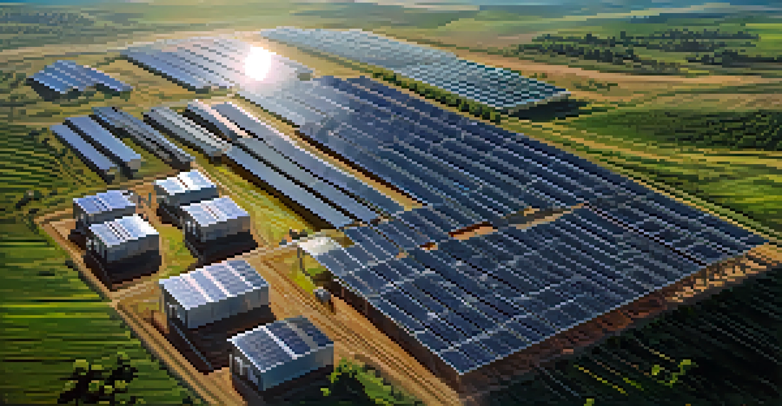 Aerial view of a solar-powered cryptocurrency mining farm with solar panels and green fields.