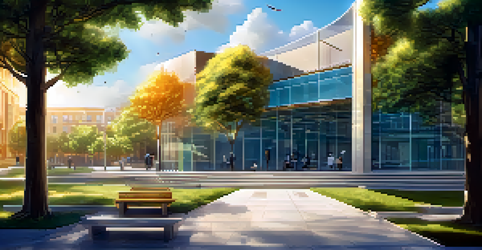 A local government building surrounded by trees, with a digital overlay of blockchain technology and cryptocurrency icons.