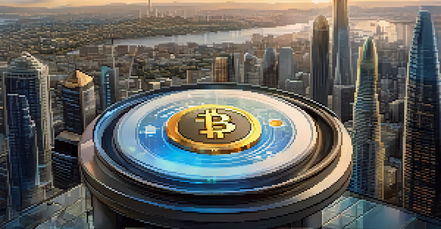 An illustration of a balanced scale with digital coins and regulatory documents, set against a city skyline, representing cryptocurrency regulation.