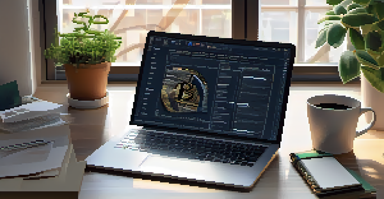 A modern workspace with a laptop showing a cryptocurrency whitepaper, surrounded by notes and a coffee cup.