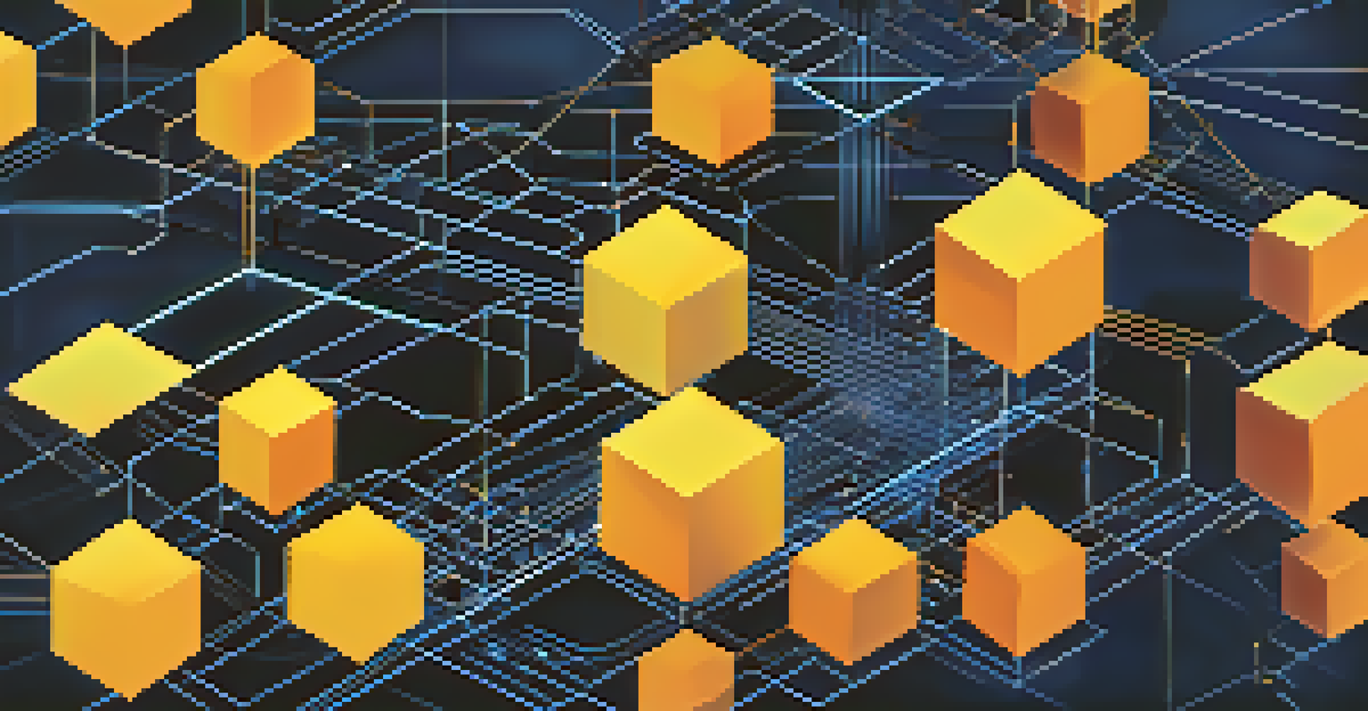 An abstract image of a blockchain network with interconnected glowing blocks and digital patterns.