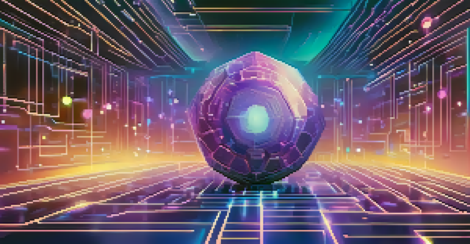 Artistic representation of NFTs as glowing tokens against an abstract blockchain background.