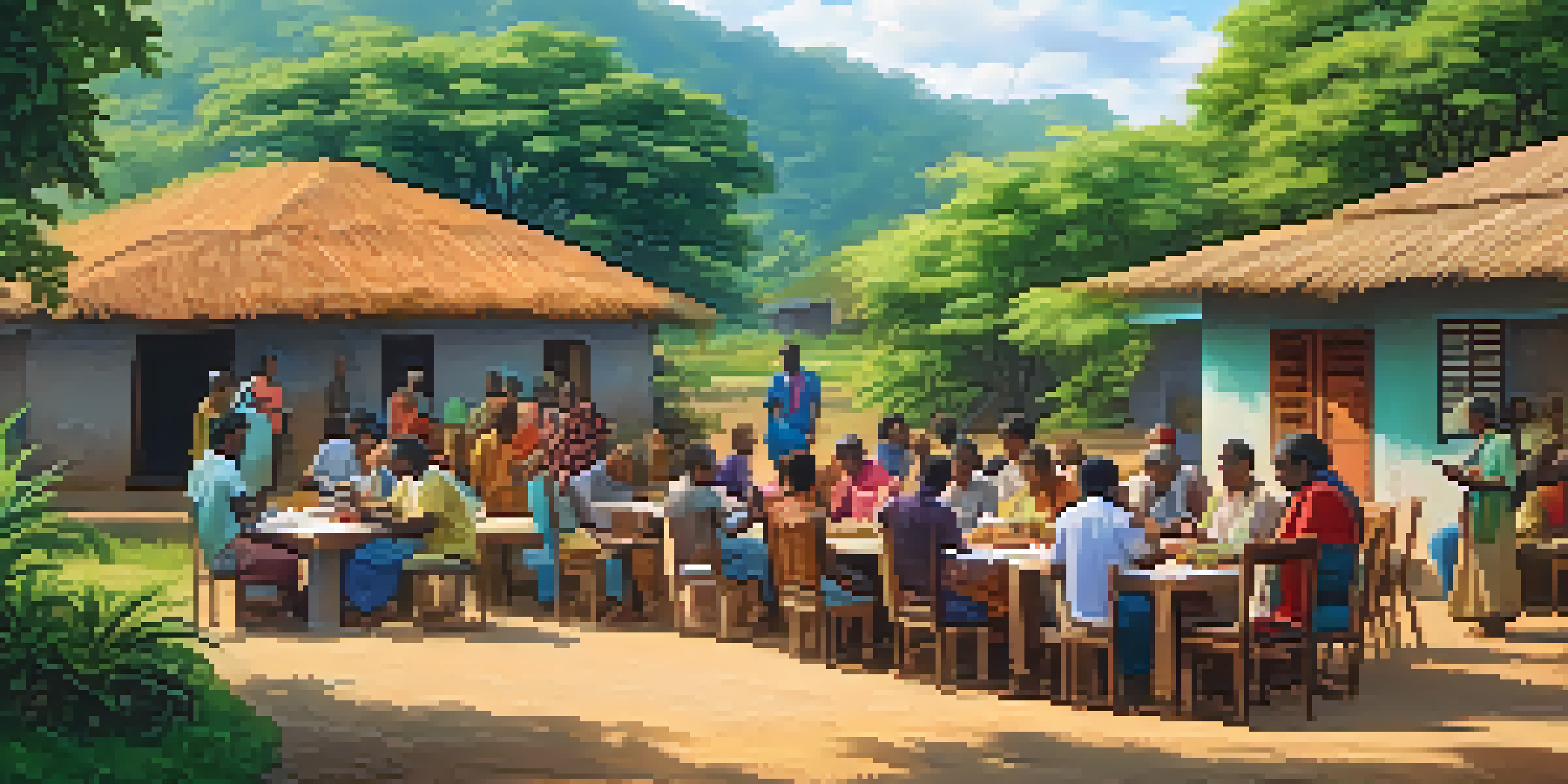 A diverse group of individuals in a rural setting using smartphones to access decentralized finance services, surrounded by greenery and traditional houses under sunny skies.