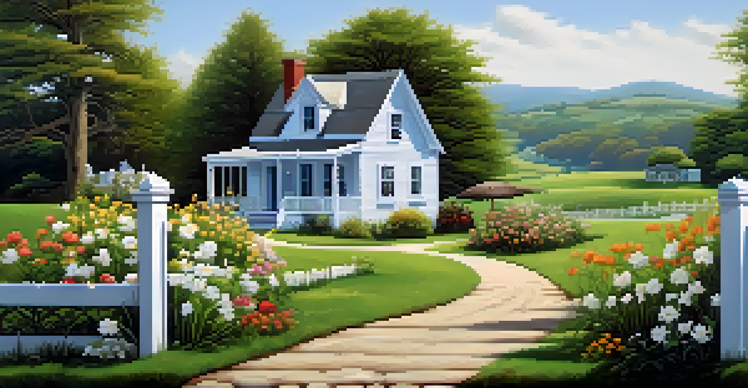 A peaceful rural landscape featuring a small wooden house with a picket fence and blooming flowers under a clear blue sky.