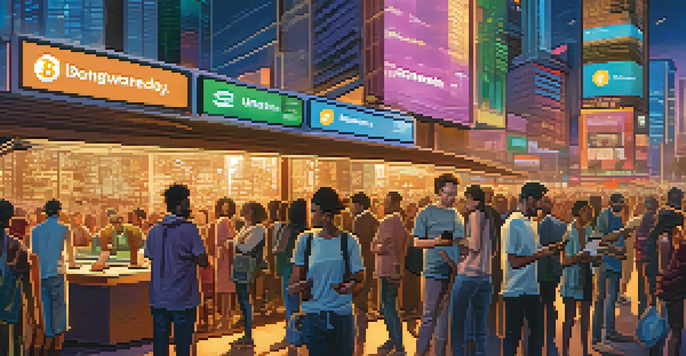 A diverse group of people in a city using smartphones for cryptocurrency transactions, with a vibrant urban background.