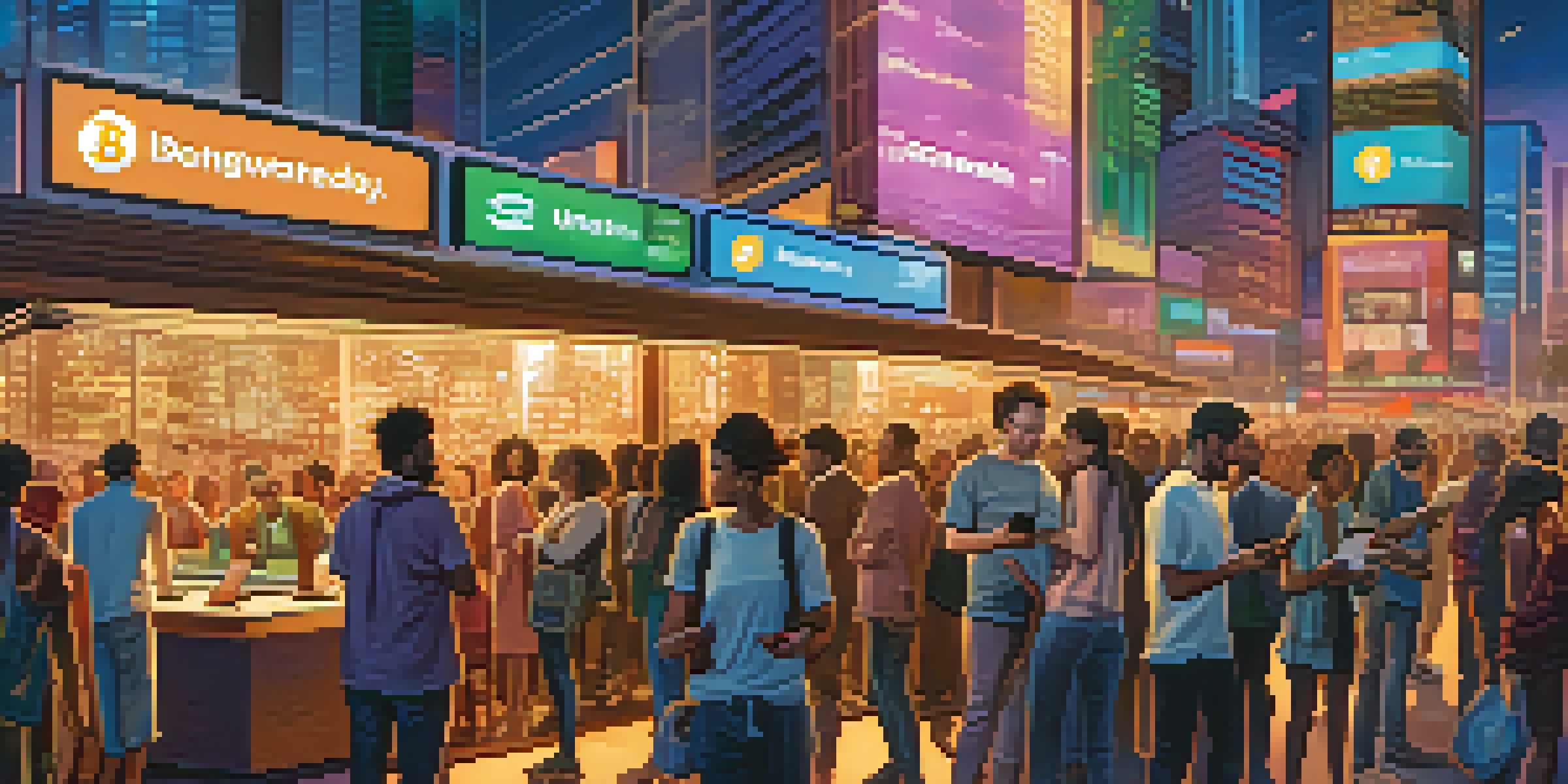 A diverse group of people in a city using smartphones for cryptocurrency transactions, with a vibrant urban background.