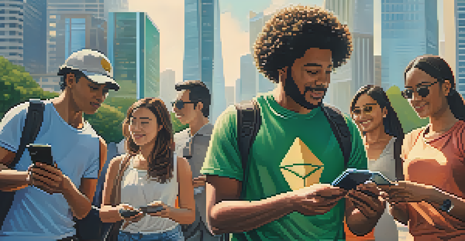 A diverse group of people using smartphones for cryptocurrency transactions in a busy urban setting.