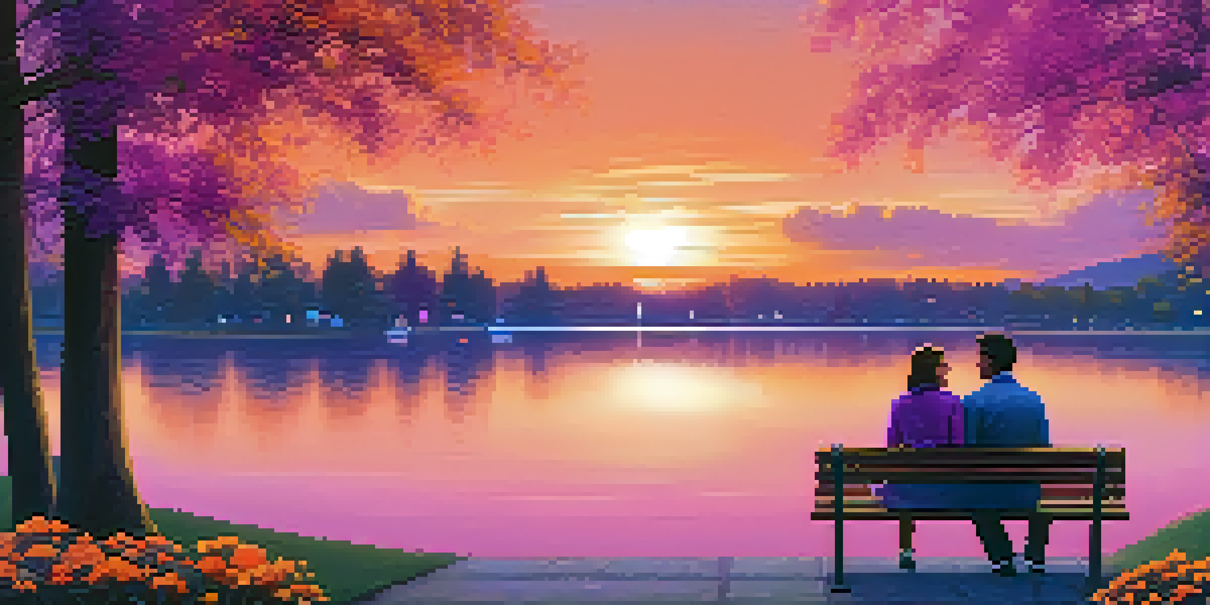 A couple sitting on a park bench at sunset, surrounded by nature, with a lake in the background.