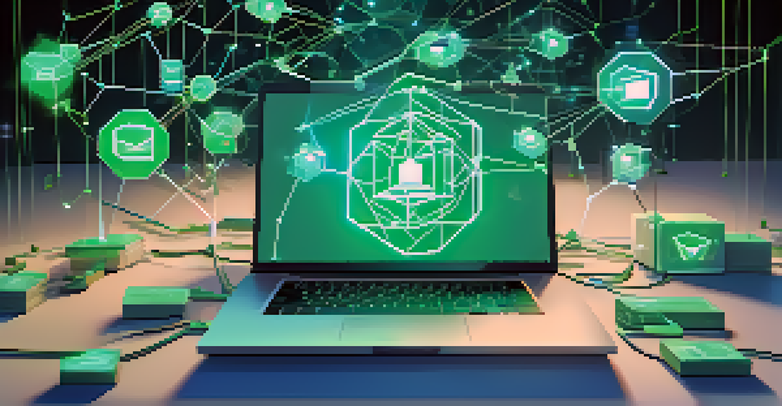 An abstract representation of blockchain technology with interconnected blocks and icons for remote communication tools.