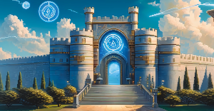 A digital fortress symbolizing secure cryptocurrency software, surrounded by circuit patterns and glowing cryptocurrencies, under a bright sky.