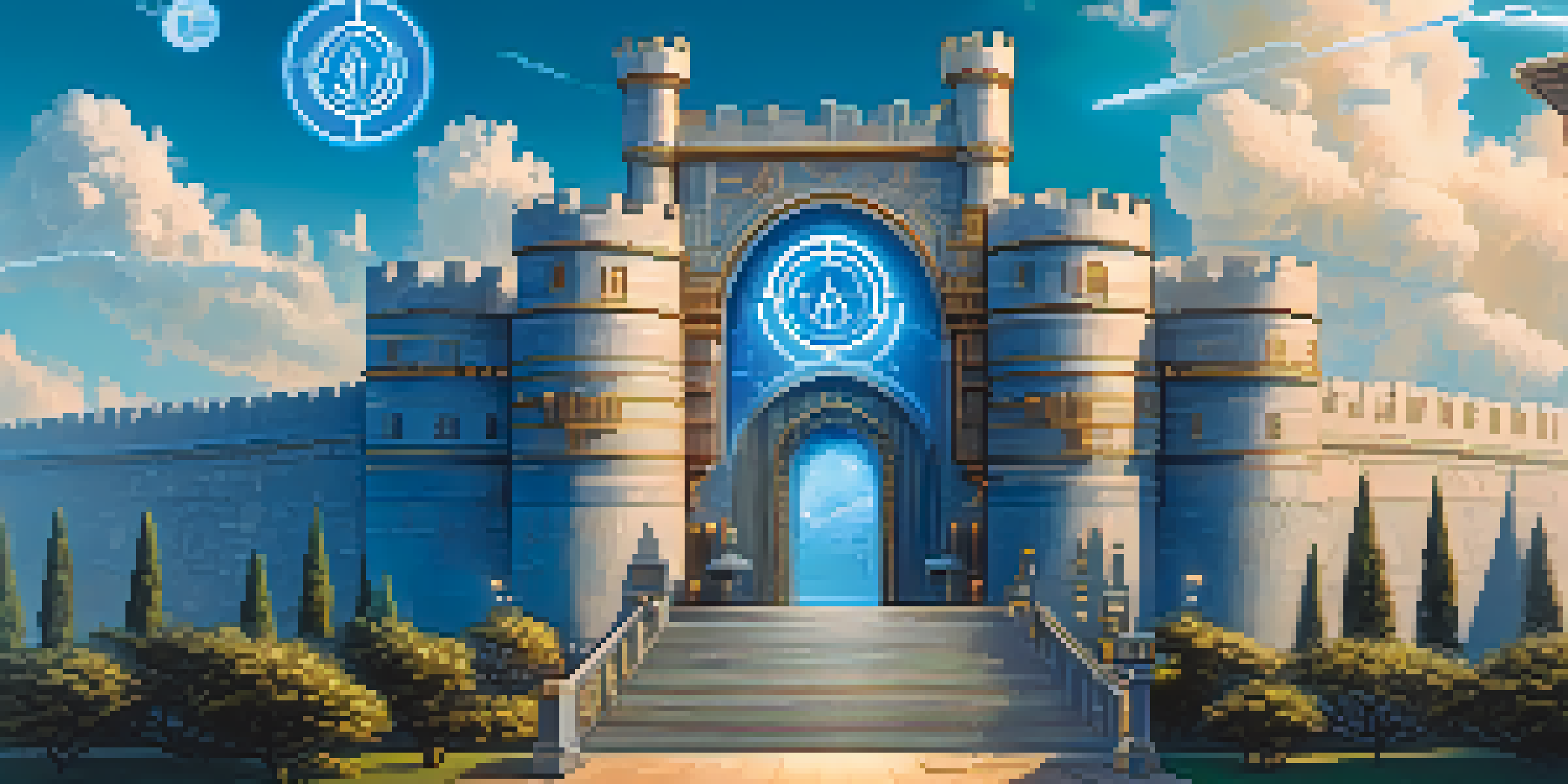 A digital fortress symbolizing secure cryptocurrency software, surrounded by circuit patterns and glowing cryptocurrencies, under a bright sky.