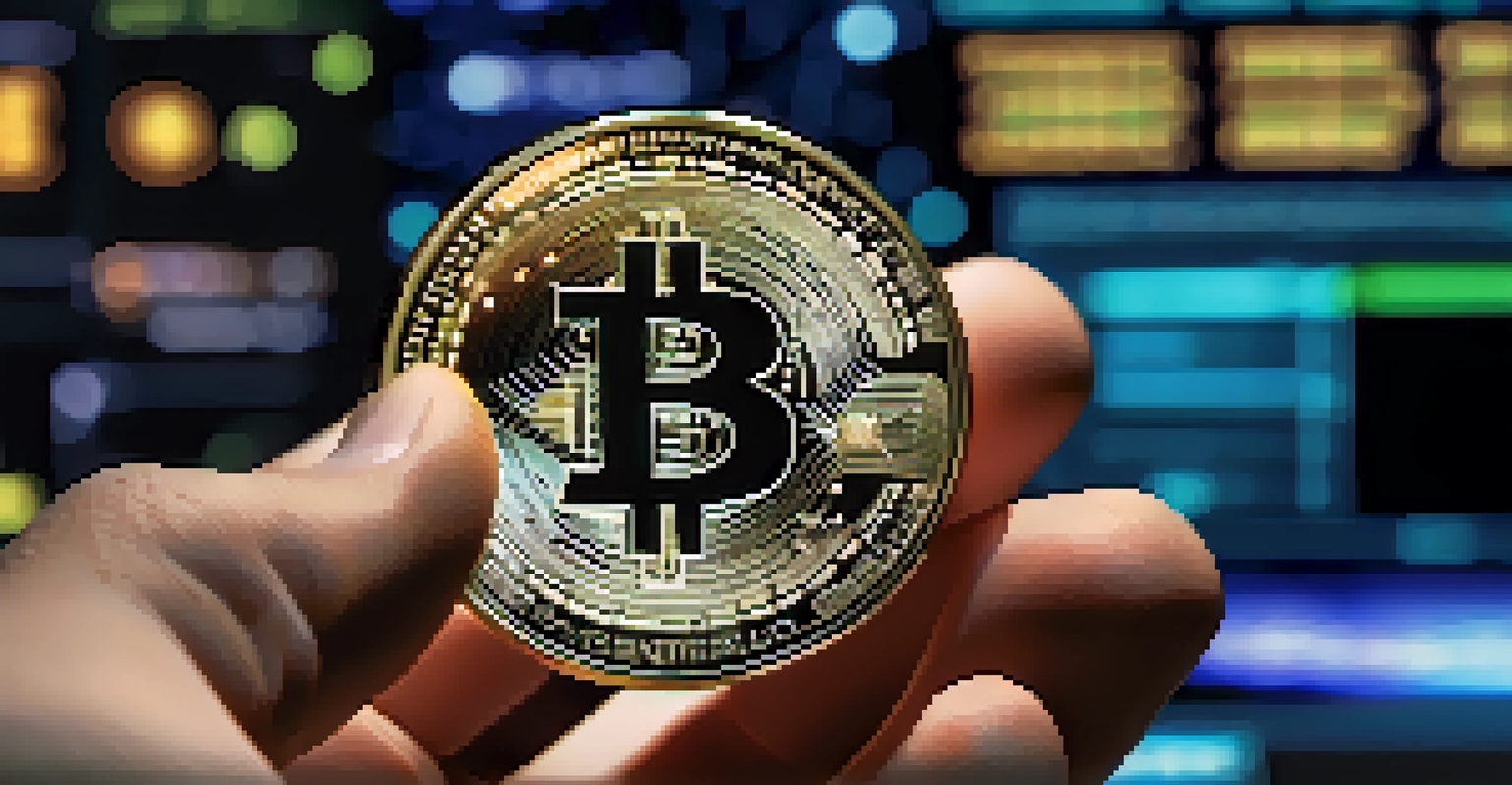 A close-up image of a hand holding a physical cryptocurrency coin, with a blurred trading platform in the background and warm lighting showcasing the coin's details.