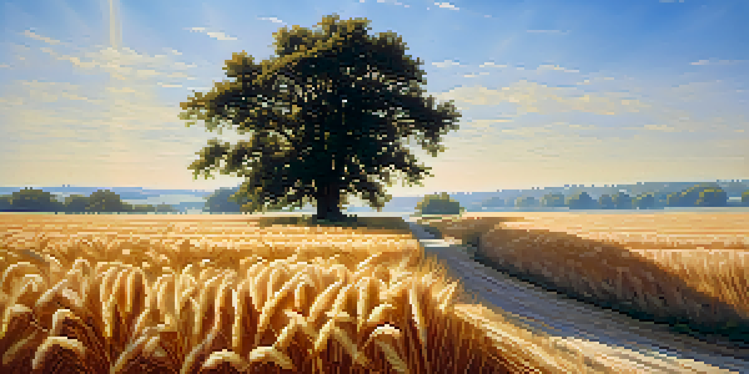 A peaceful wheat field under a clear blue sky with a distant tree and soft sunlight.