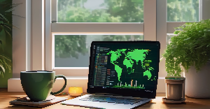 A trading desk with a laptop showing cryptocurrency charts, a notepad, and a cup of coffee, illuminated by natural light with plants in the background.