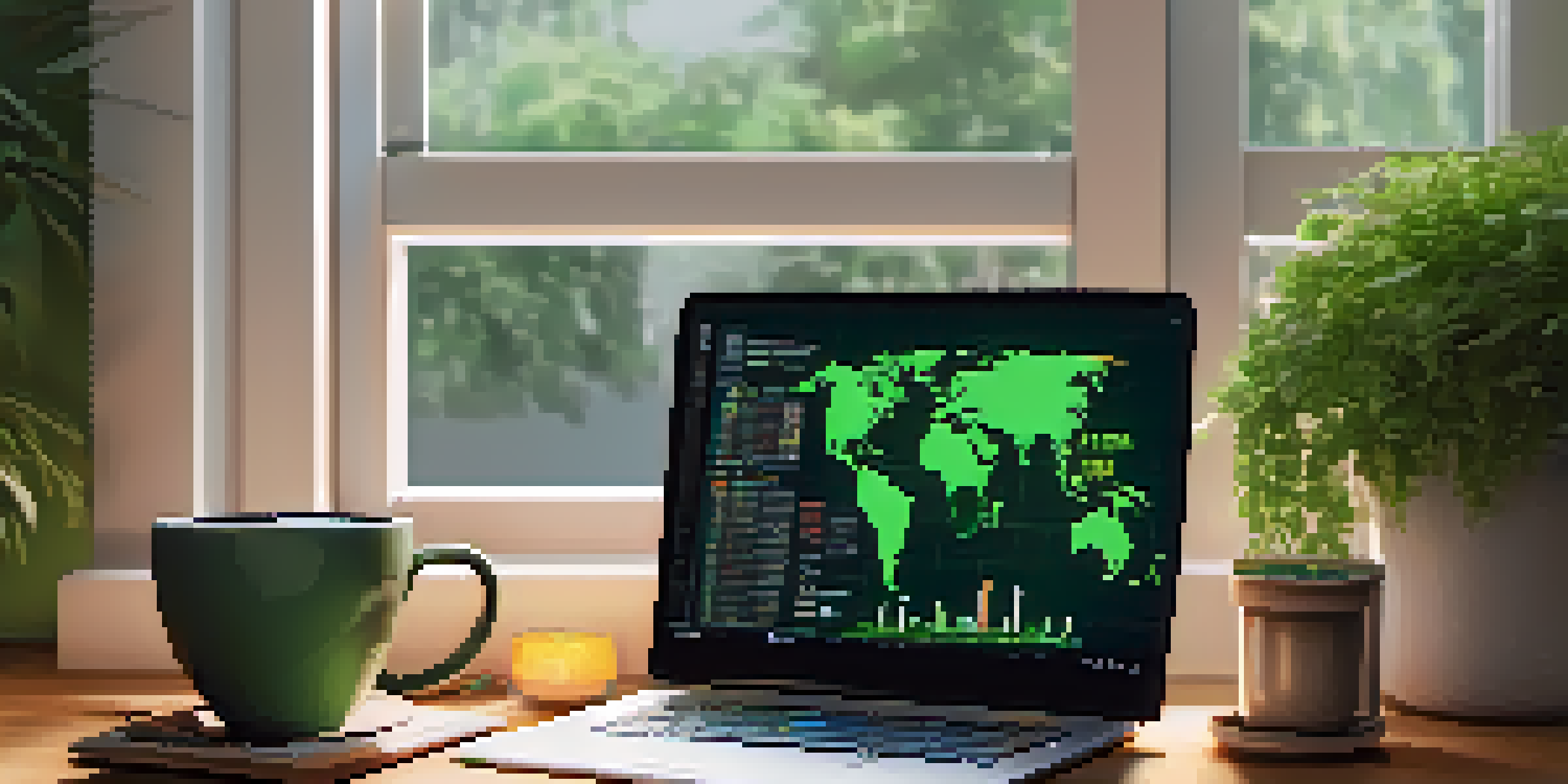 A trading desk with a laptop showing cryptocurrency charts, a notepad, and a cup of coffee, illuminated by natural light with plants in the background.