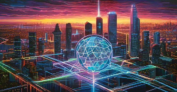 A digital representation of a blockchain network with interconnected nodes and a glowing orb at the center, set against a futuristic city skyline at dusk.