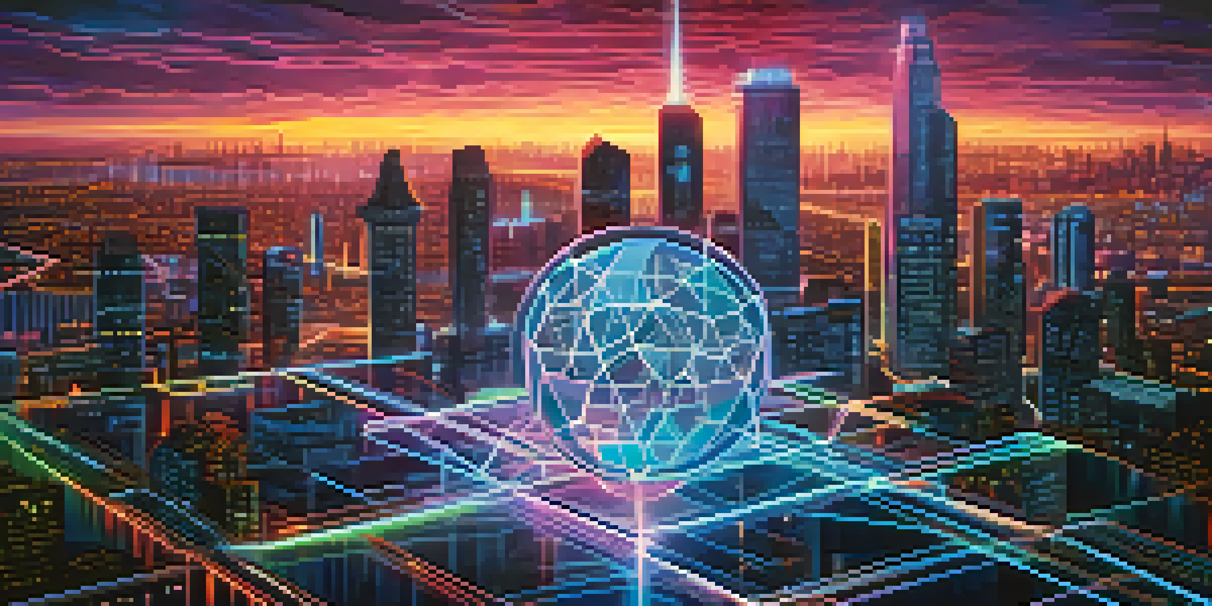 A digital representation of a blockchain network with interconnected nodes and a glowing orb at the center, set against a futuristic city skyline at dusk.
