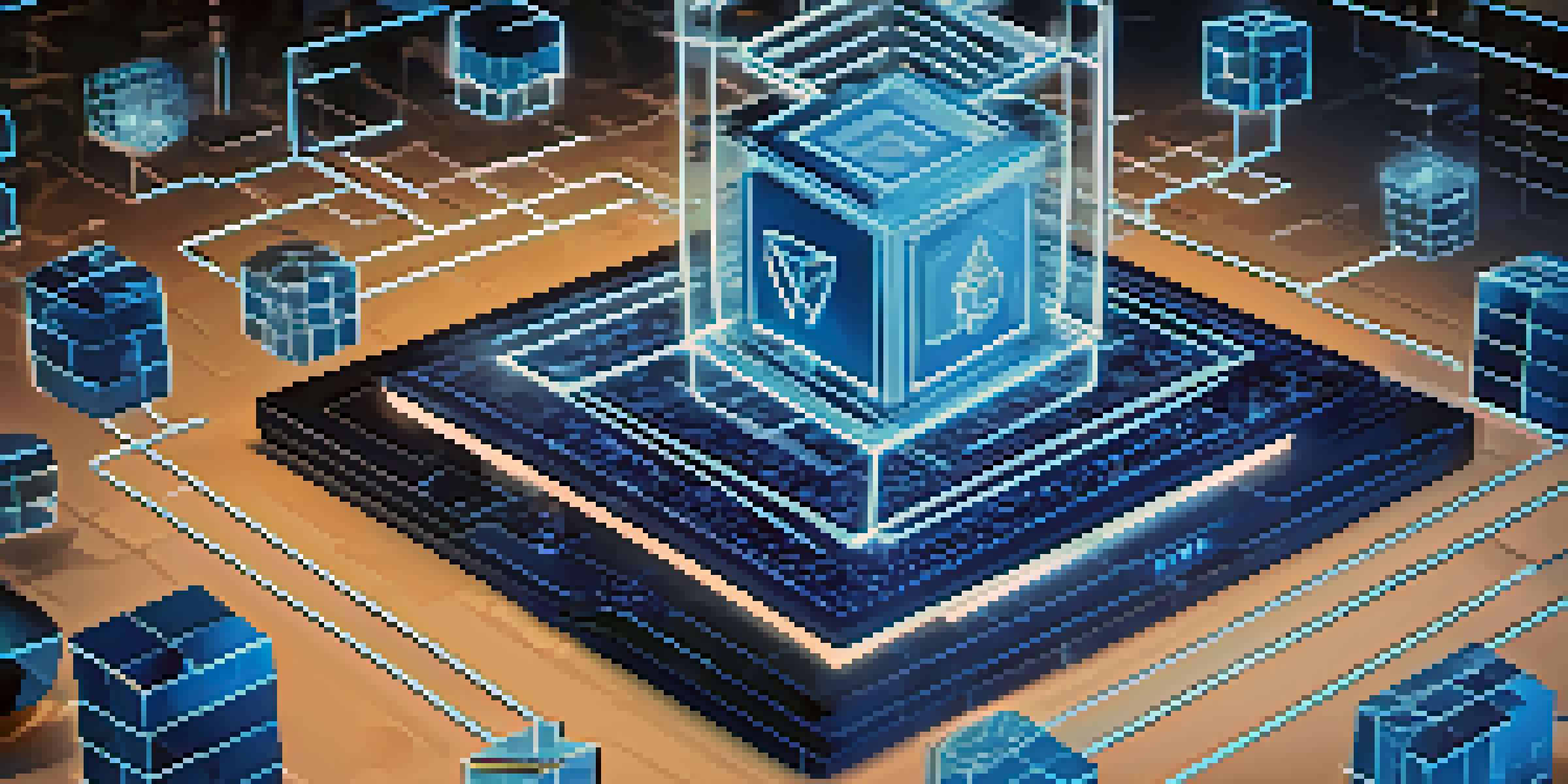 A detailed visualization of a blockchain network with interconnected blocks glowing in blue, set against a gradient background.