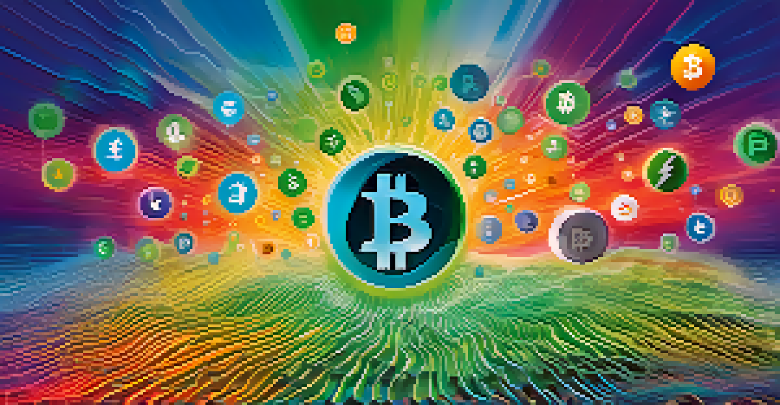 An abstract image depicting cryptocurrency sentiment with social media icons and digital currency symbols on a blue and green gradient background.