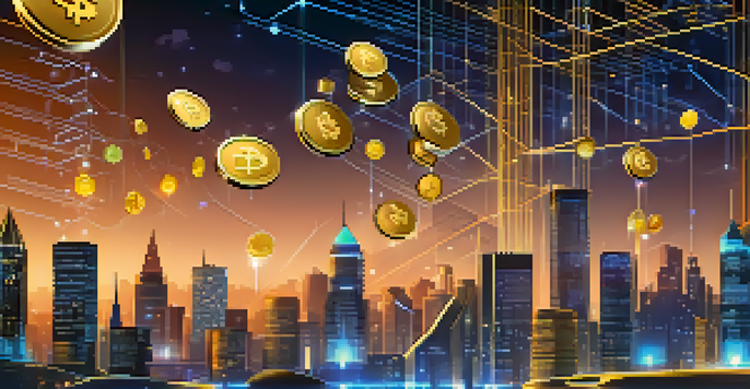 An artistic representation of stablecoins as glowing coins above a blockchain, with financial symbols and a futuristic city skyline in the background.
