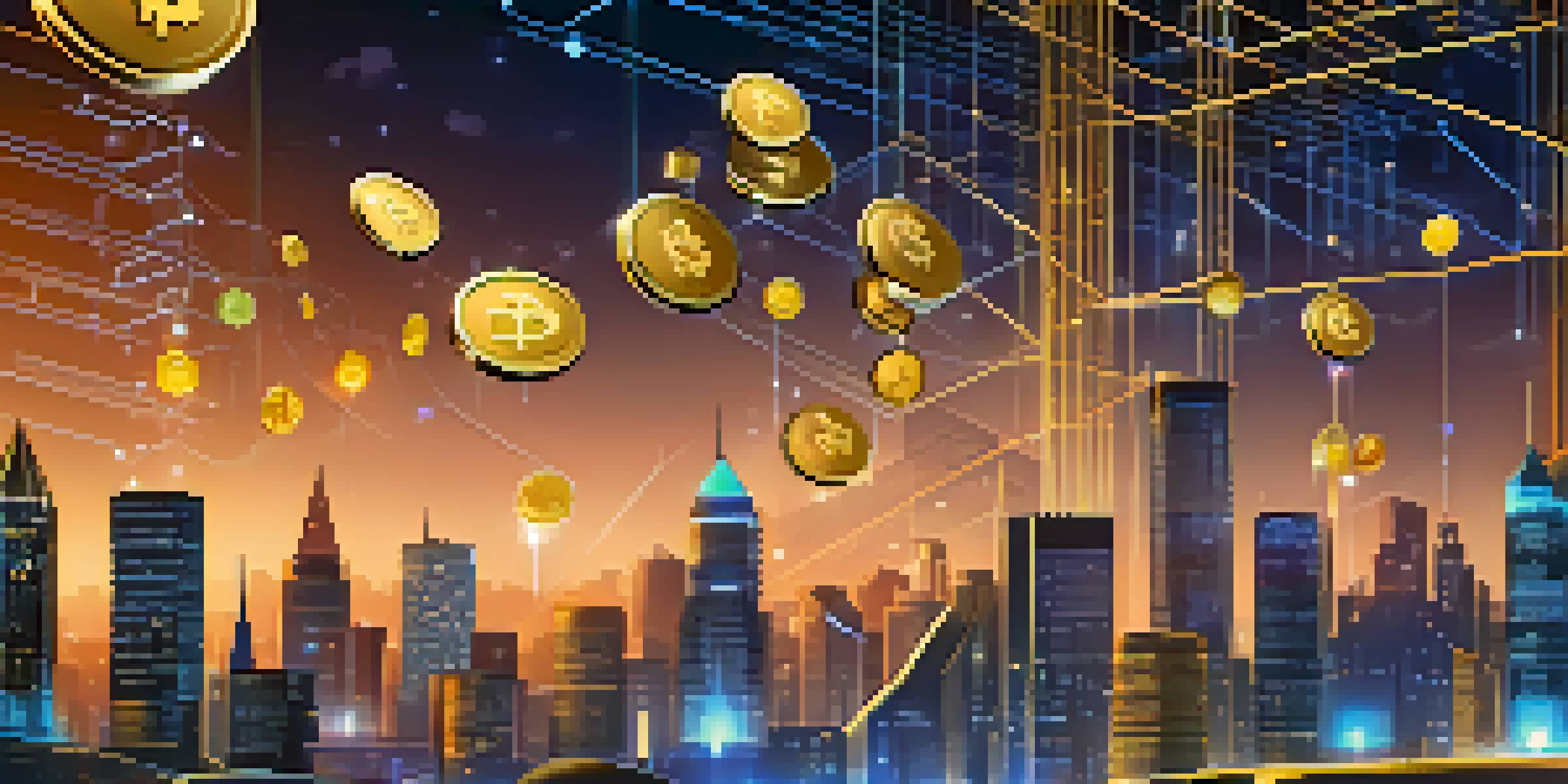 An artistic representation of stablecoins as glowing coins above a blockchain, with financial symbols and a futuristic city skyline in the background.