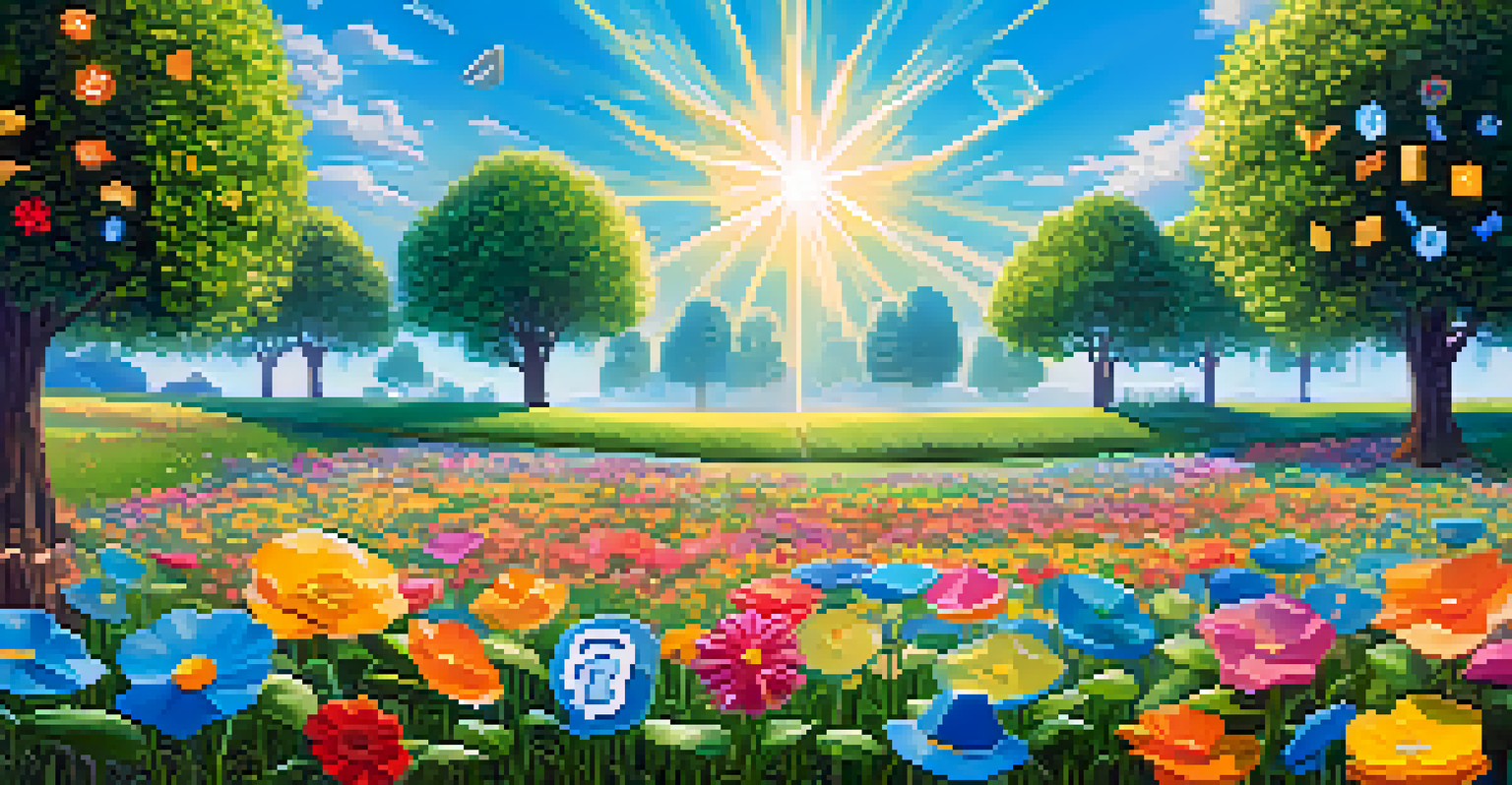 A peaceful digital garden filled with colorful flowers representing cryptocurrency symbols, under a bright sky with sunlight.