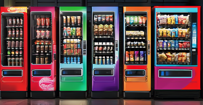 A digital vending machine with a touchscreen, displaying colorful snacks in a softly lit urban setting.