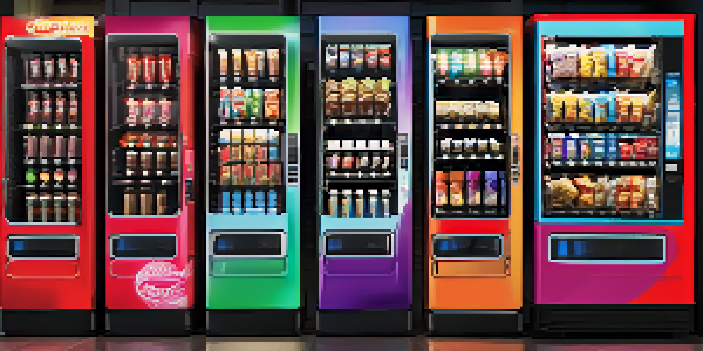 A digital vending machine with a touchscreen, displaying colorful snacks in a softly lit urban setting.