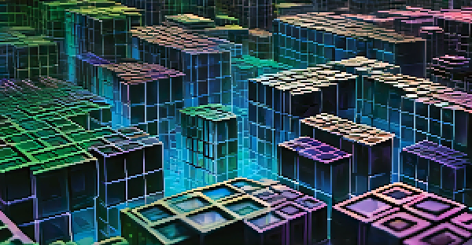 A detailed close-up of a blockchain network with glowing blocks and a dark textured background.