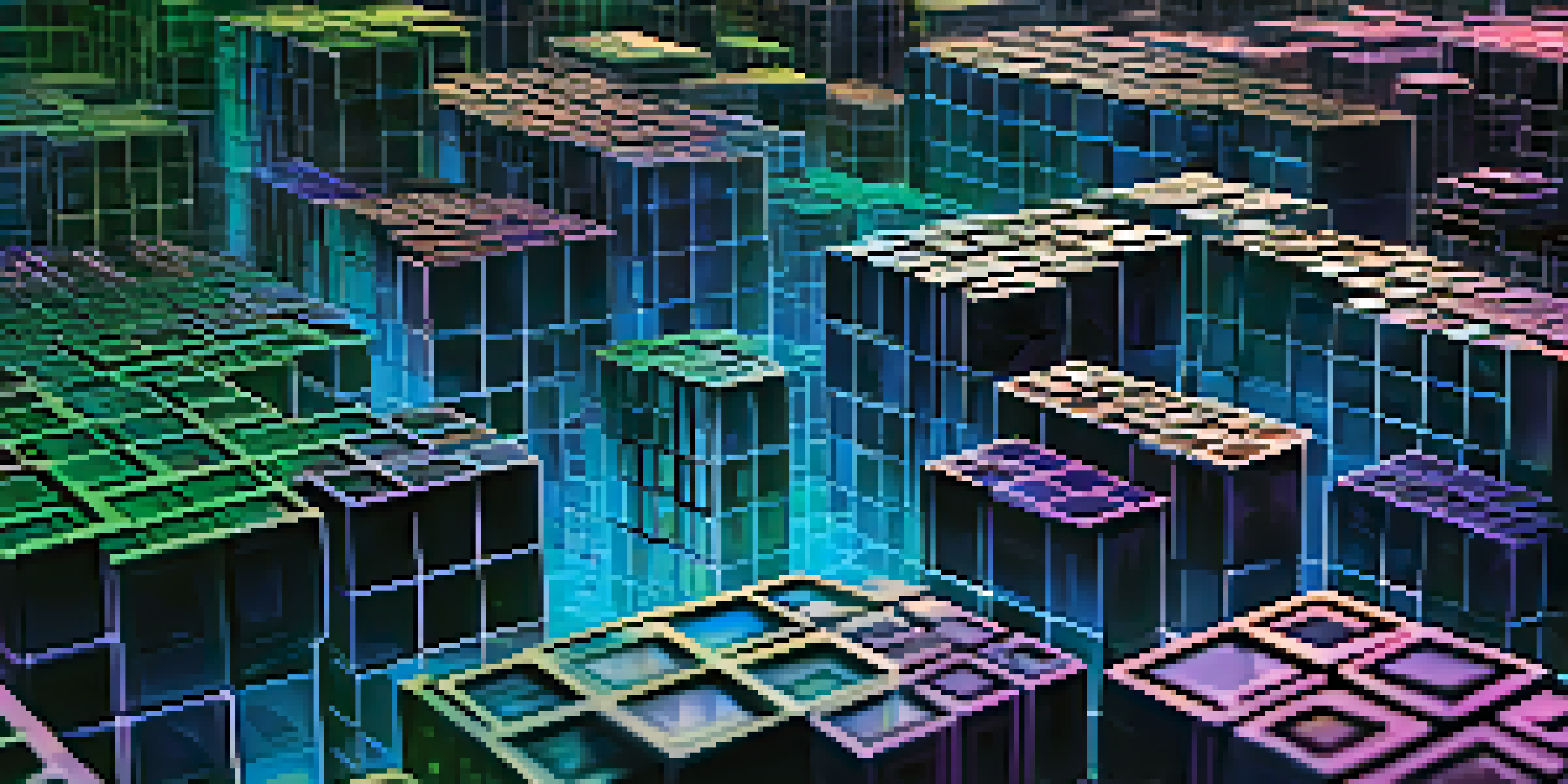 A detailed close-up of a blockchain network with glowing blocks and a dark textured background.