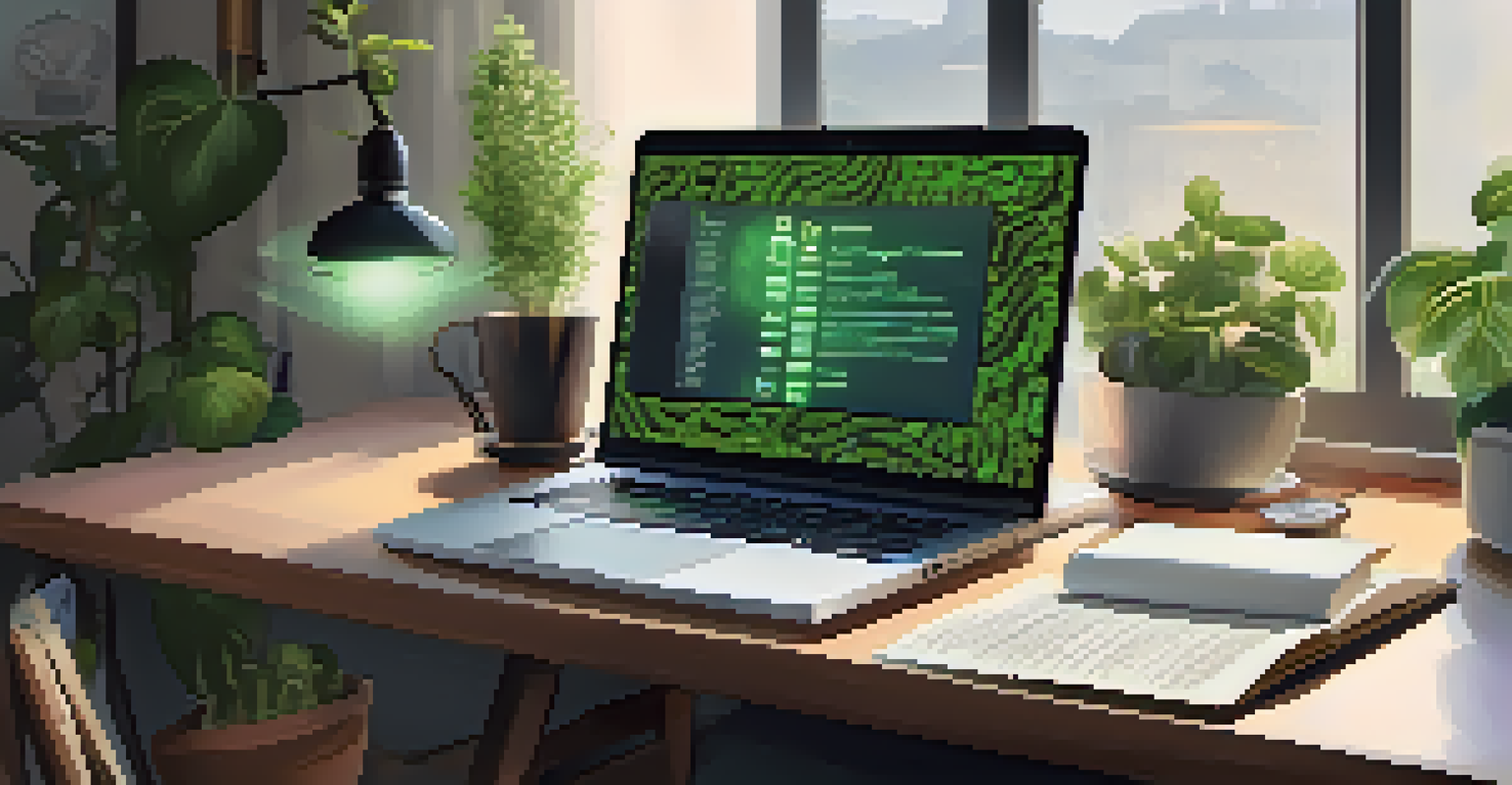 A cozy home office with a laptop open to a cryptocurrency wallet application, surrounded by plants and a cup of coffee.