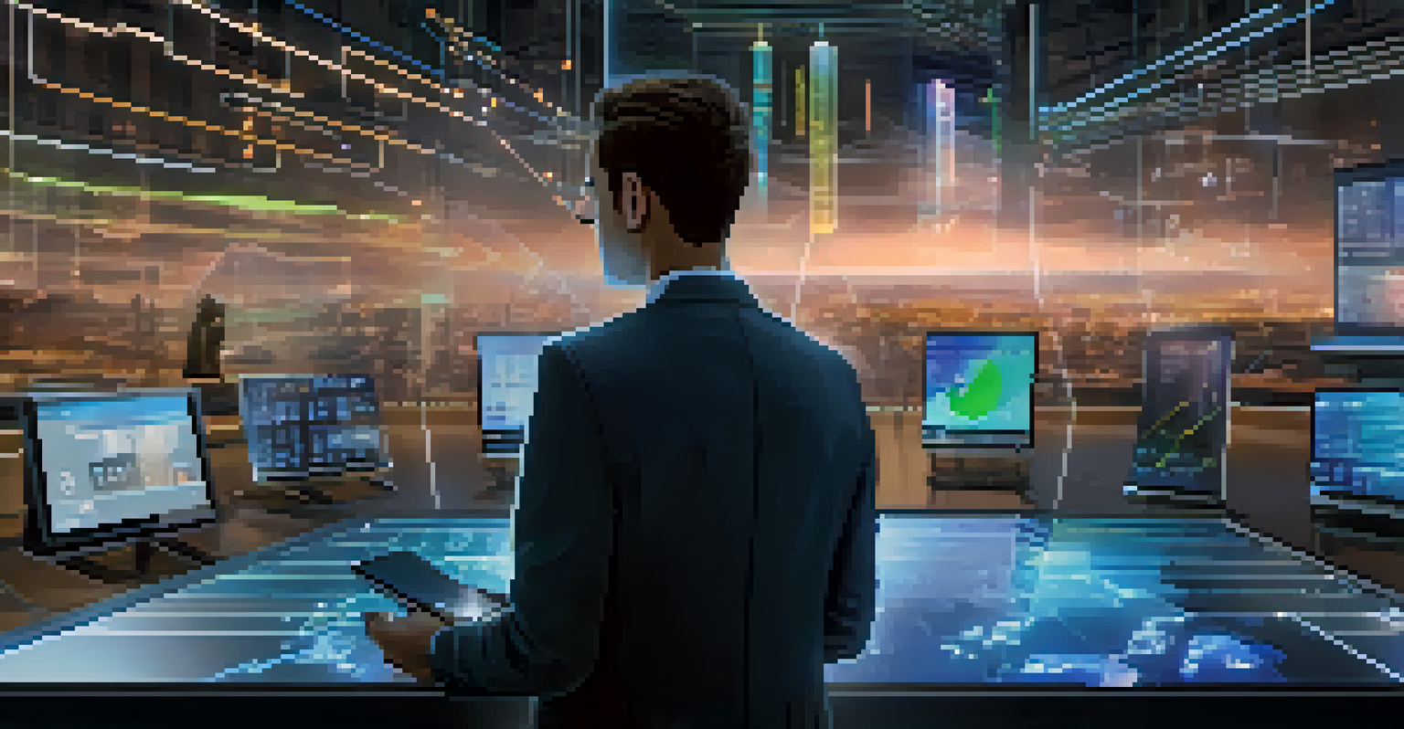 A user engaging in voice-activated cryptocurrency trading in a futuristic environment with holographic displays and dynamic lighting.