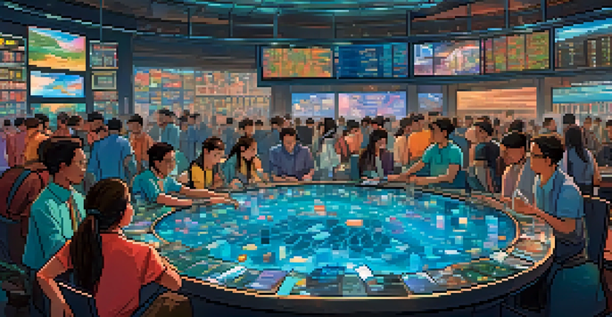 A lively scene depicting users trading on a decentralized exchange with pools of water symbolizing liquidity, surrounded by bright digital screens and natural lighting.
