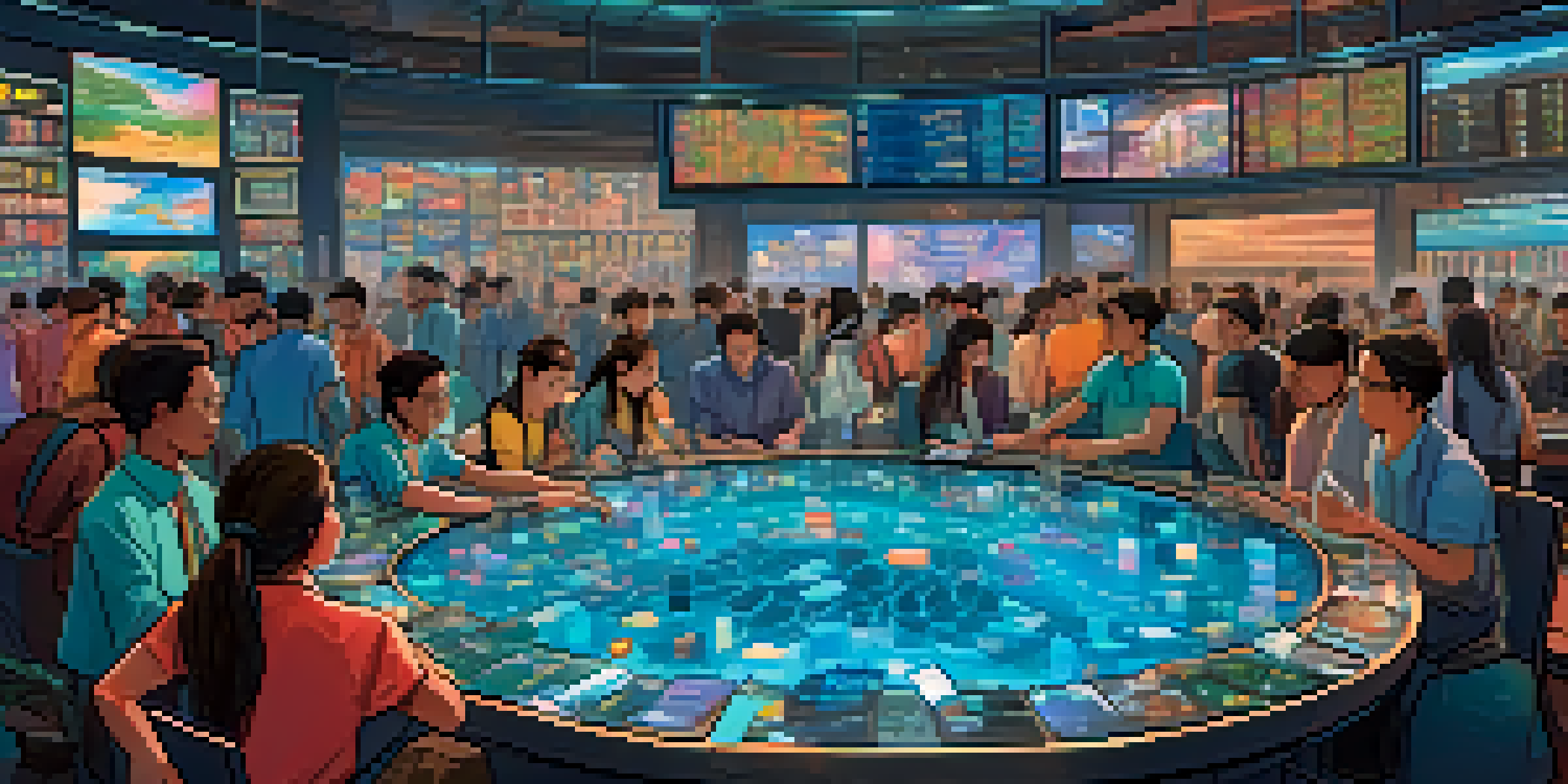 A lively scene depicting users trading on a decentralized exchange with pools of water symbolizing liquidity, surrounded by bright digital screens and natural lighting.