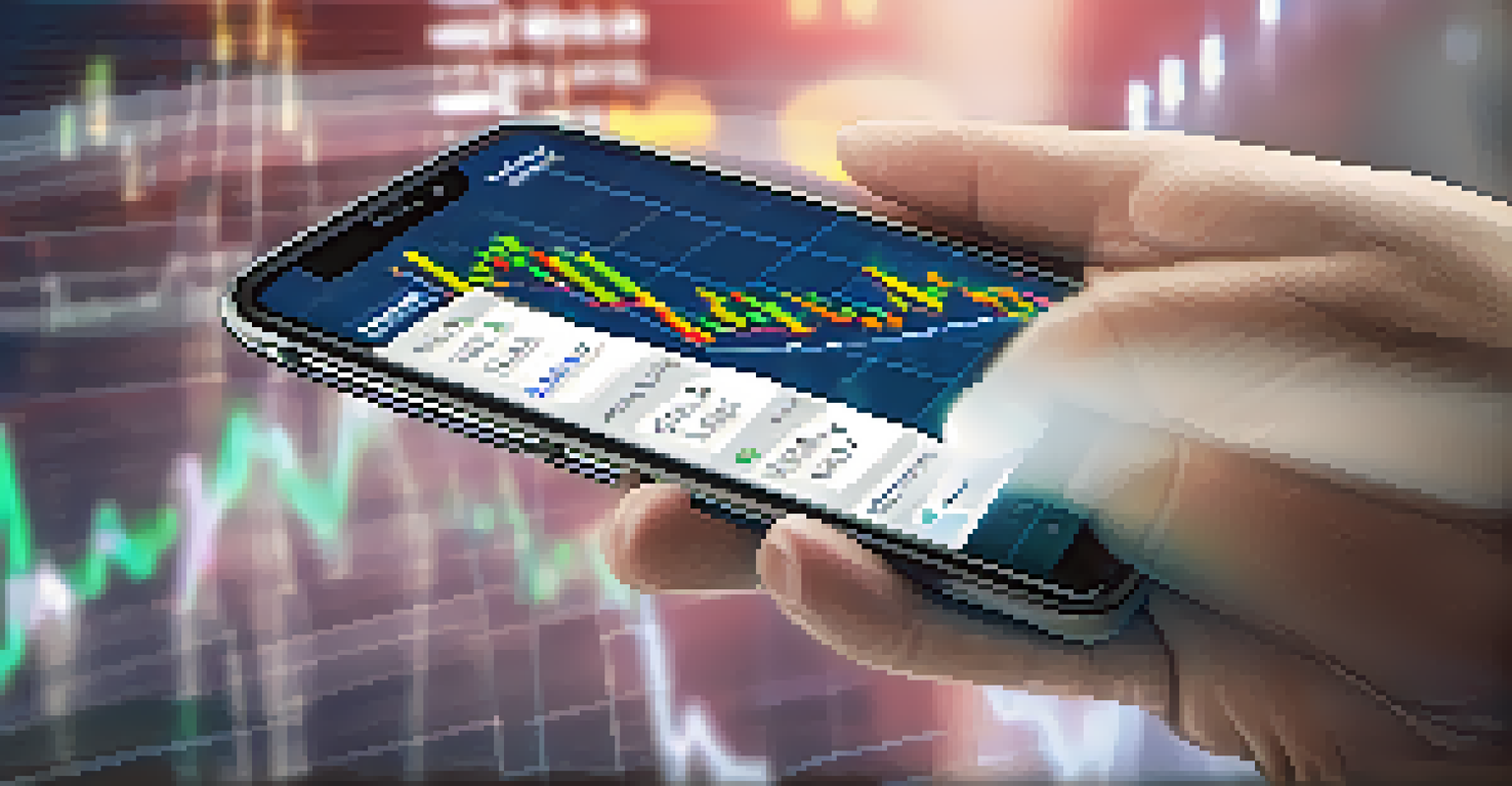 A close-up of a smartphone screen displaying a cryptocurrency trading app with graphs and market alerts.
